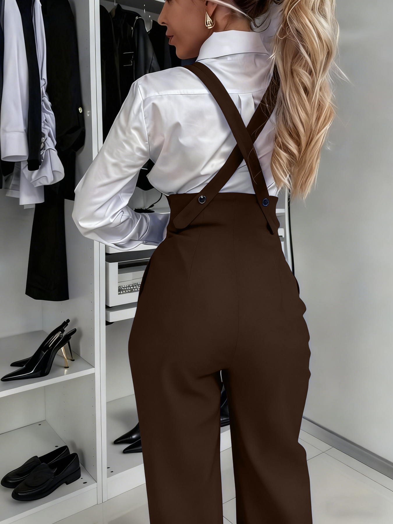 Pantalon large marron taille haute pour femme, avec bretelles croisées au dos, boutons double boutonnage, style salopette, décontracté chic