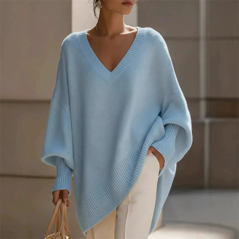 Pull en maille pour femme à manches chauve-souris, couleur unie, col en V, pull basique doux en tricot