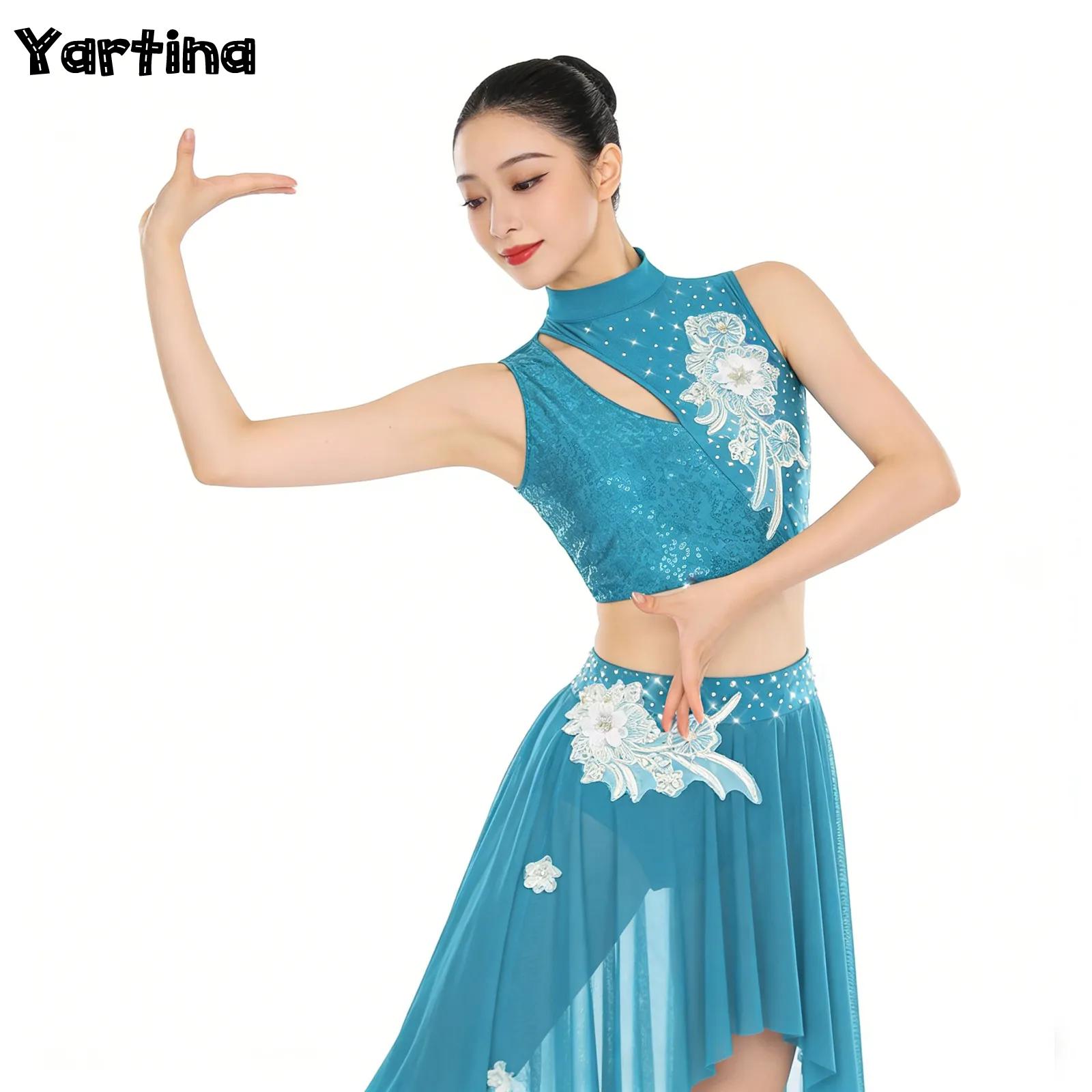 Costume de spectacle de patinage artistique artistique pour femmes, tenues de danse lyrique de Ballet, haut court ajouré, jupe avec slip