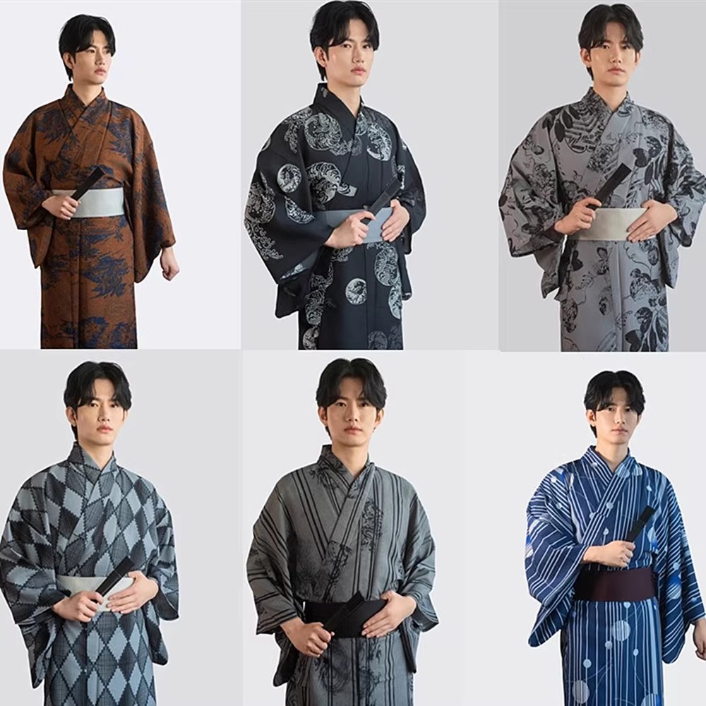 Kimono traditionnel de Style japonais pour hommes, avec ceinture, Anti-rides, imprimés confortables, Yukata, peignoir de maison, Costume de Cosplay