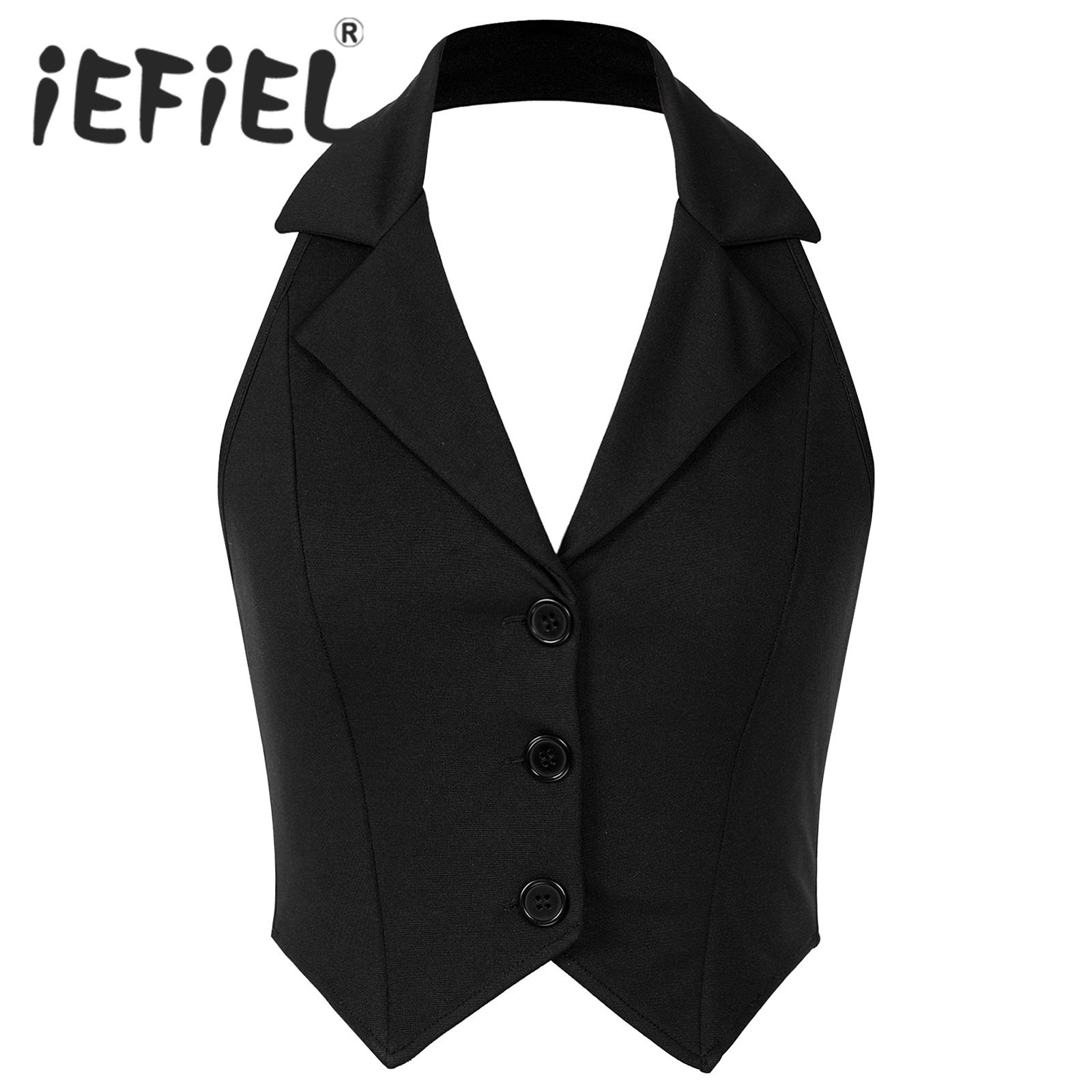 Femmes mode gilet chemises gilet séparé culture hauts revers licou dos nu boutonné ourlet pointu gilet pour fête vêtements de cérémonie