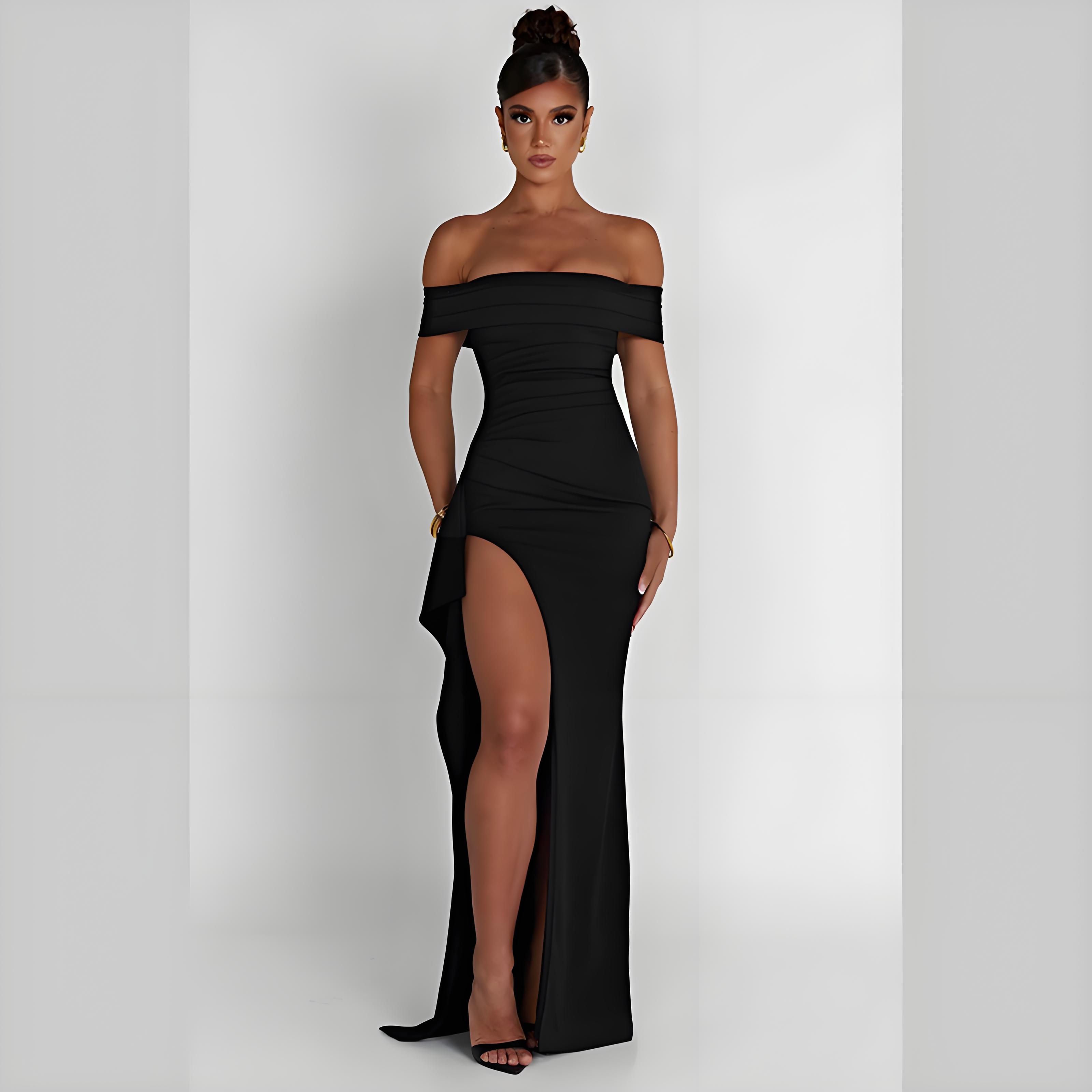 Robe de soirée élégante, couleur unie, épaules dénudées, robe longue sexy taille haute avec fente latérale pour femme, robe de soirée maxi formelle pour femme