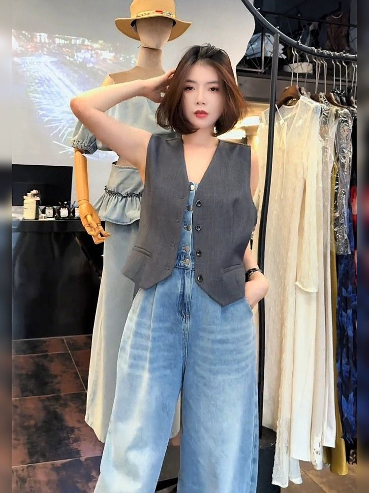 Vestes amples sans manches pour femmes, manteau Simple avec nœud gris, à la mode, Y2k, col en v, hauts à simple boutonnage, nouvelle collection