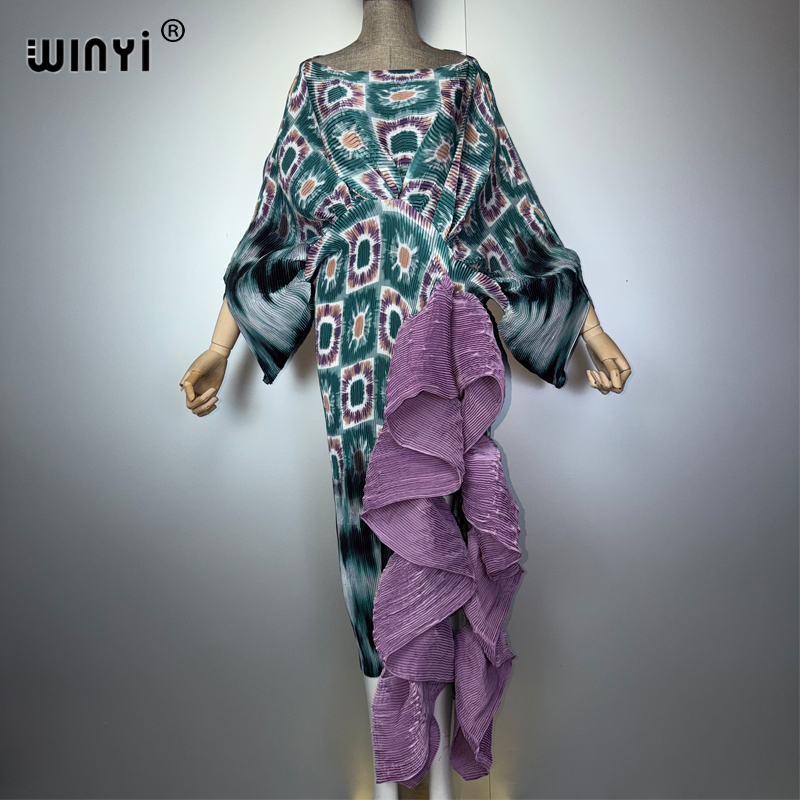 Robe plissée estivale WINYI pour femmes, à manches bouffantes, robe de plage, kaftan musulman, abaya, robe de soirée longue de luxe Dubaï