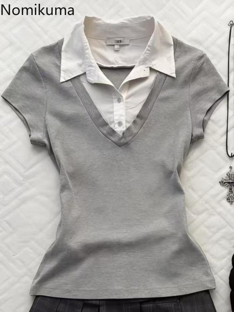 T-shirts pour femmes Été 2026 – Nouveaux modèles tendance, décontractés, faux deux pièces, à manches courtes, patchwork, tunique