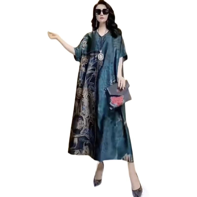 Robe d'été en soie de mûrier grande taille haut de gamme, élégante, col en V, style rétro, vert, pour femme