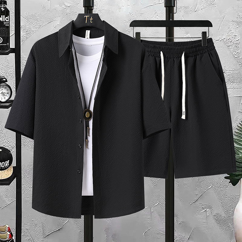 【Chemise + pantalon 5 points】Ensemble chemise à manches courtes pour hommes, mode d'été, couleur unie, en seersucker, ensemble deux pièces ample, simple et polyvalent