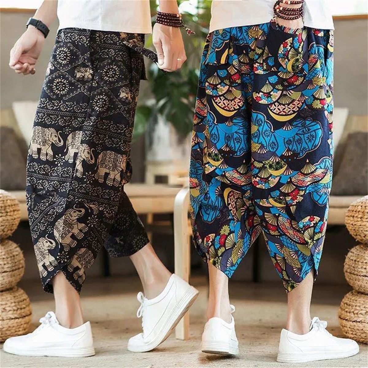Pantalon Harem Vintage Élégant pour Homme, Coupe Décontractée à Entrejambe Bas, Respirant, Ample, Style Bohème, Imprimé Aléatoire, Joggers