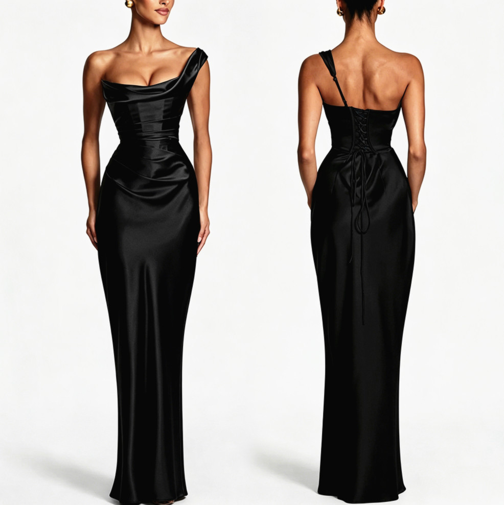 Robe de soirée longue sirène en satin pour femme, à épaules dénudées, col drapé, bretelle spaghetti unique, taille froncée unie, dos lacé