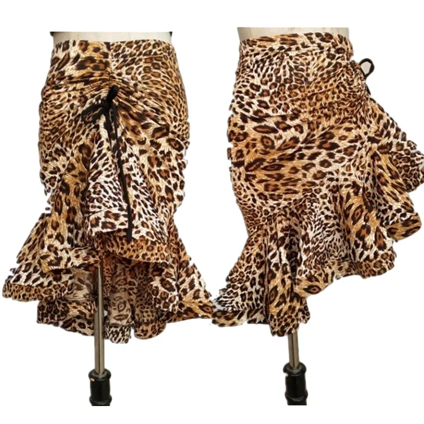 Costumes de danse latine classiques imprimé léopard pour femmes, jupe sirène asymétrique à volants, robe de Salsa Chacha Tango Rumba