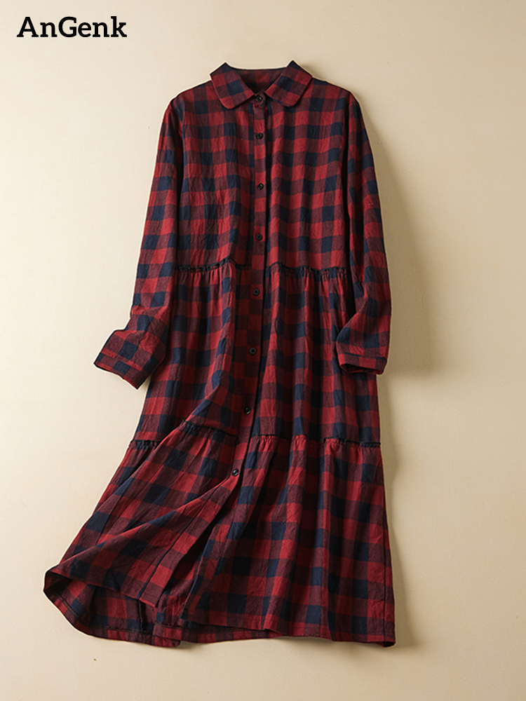 Robes vintage à carreaux en coton pour femmes, robe longue élégante décontractée, style coréen, dame de bureau, travail, vêtements de mode, printemps, automne