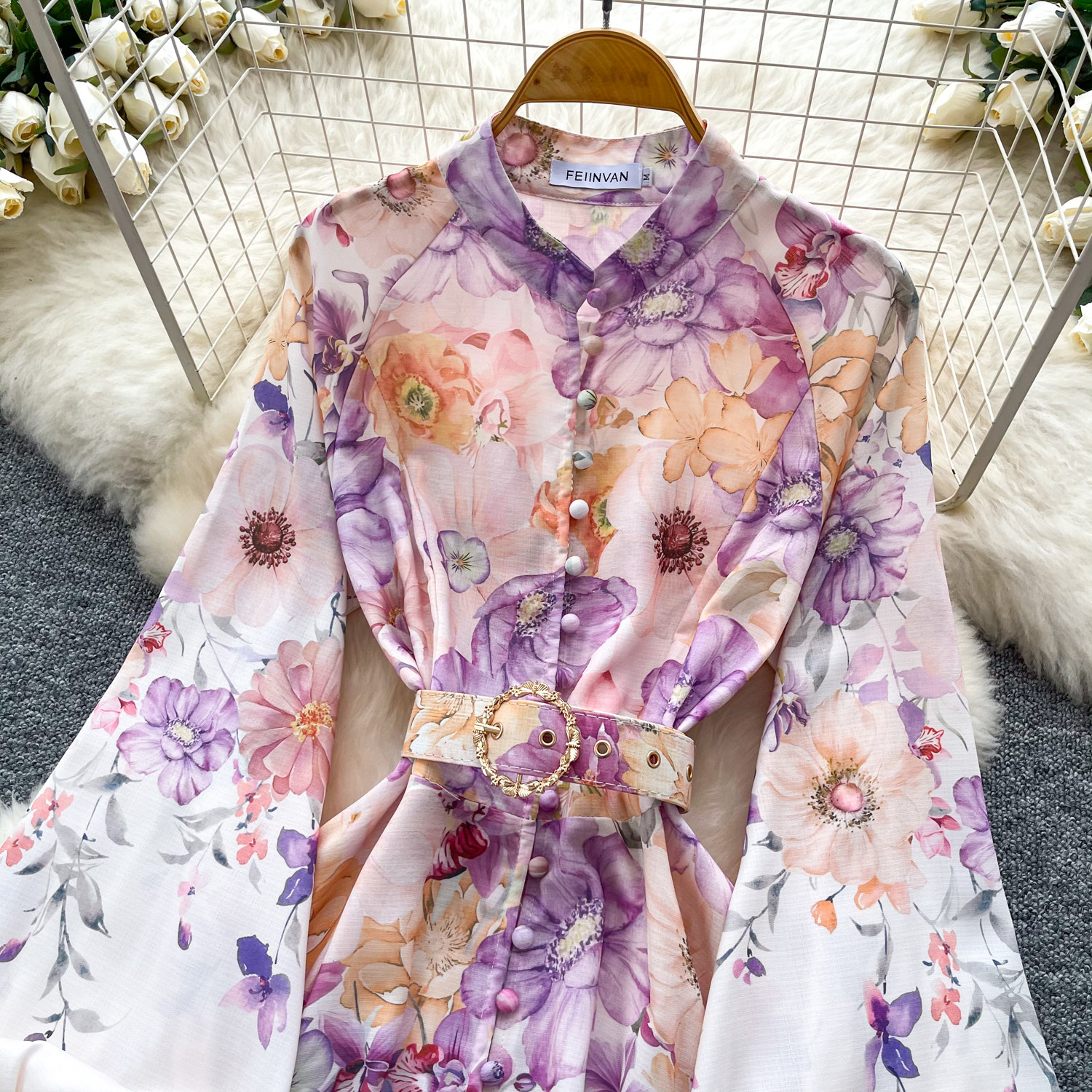 Robe de soirée longue élégante vintage française pour femme, col montant, manches lanternes, imprimé, simple boutonnage, design de robe de fête