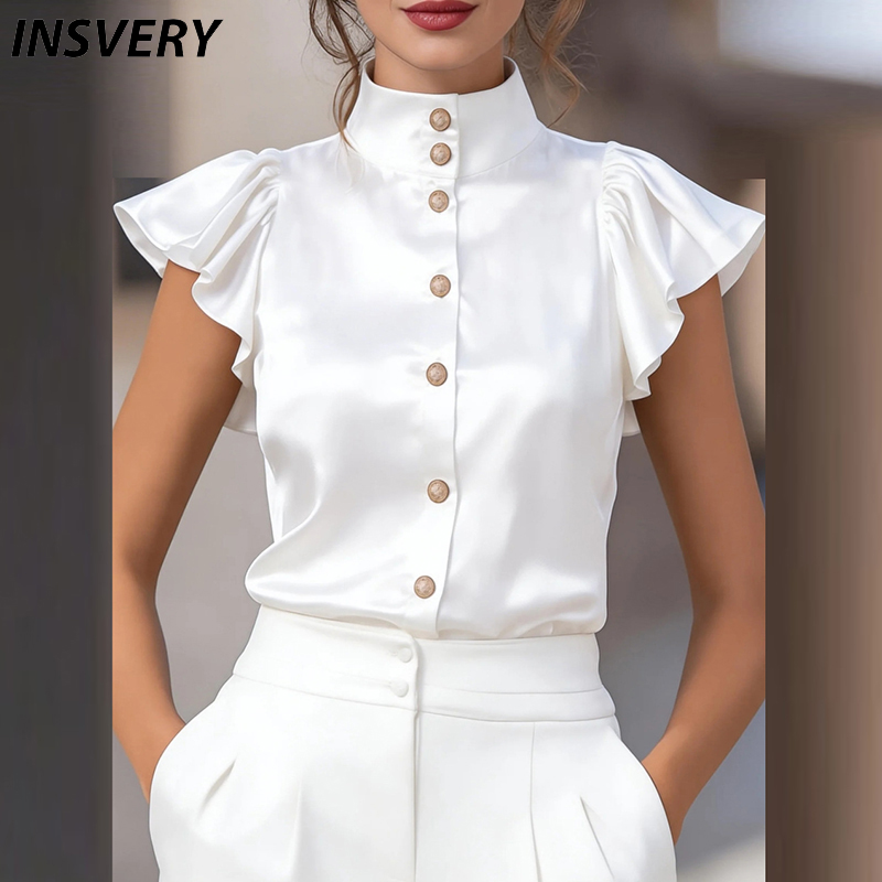 Chemisier de bureau pour femme, chemise à manches courtes, chemisier boutonné d'été pour femme, chemisier élégant en soie blanc et bleu