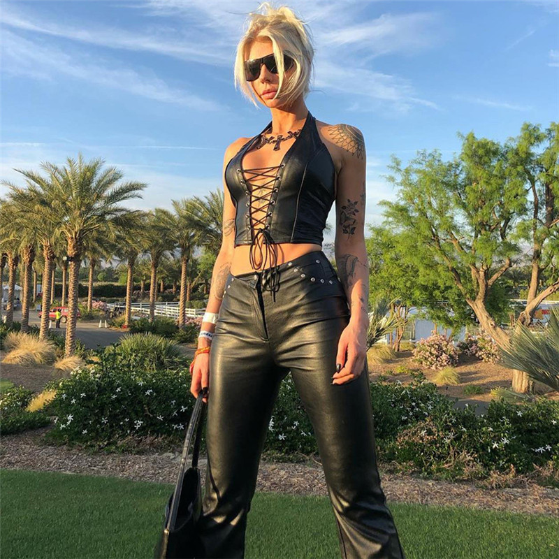 Gilet femme 2025 mode d'été élastique mode punk cuir noir hollwo haut court T-shirt coupe ajustée gilet en cuir souple