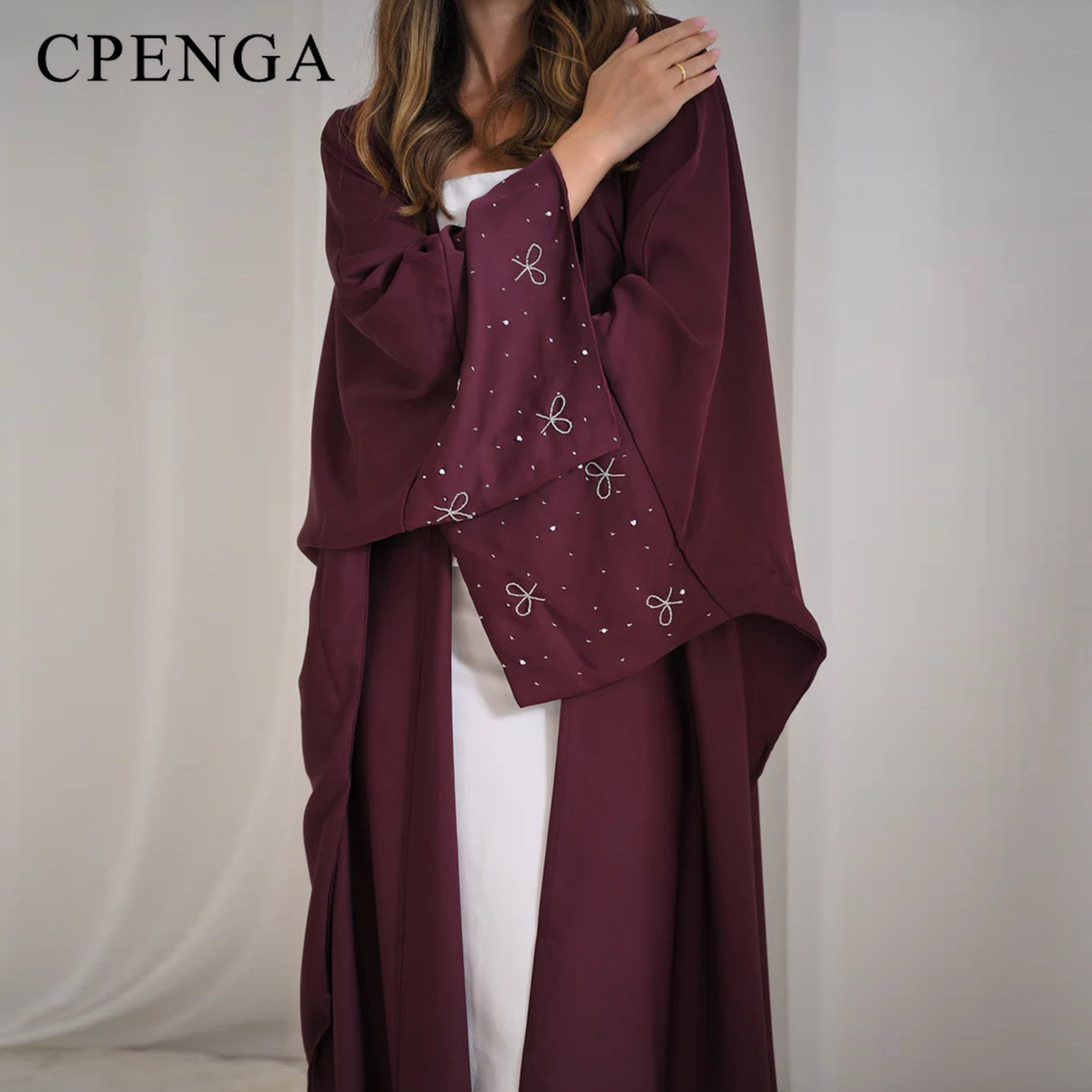 Abaya de luxe de dubaï avec nœud perlé, robe modeste pour femmes musulmanes, élégant, couverture ouverte sur le devant, Cardigan à la mode, tenue turque unie