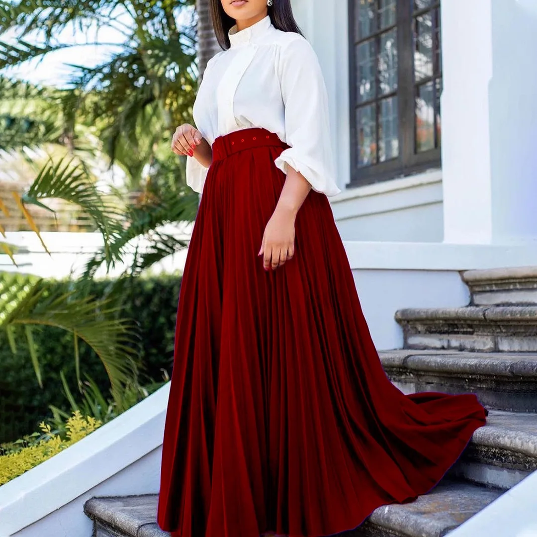 Jupes plissées élégantes personnalisées pour femmes, taille haute, ceinture, longueur cheville, vêtements d'automne et d'hiver, nouvelle collection 2025