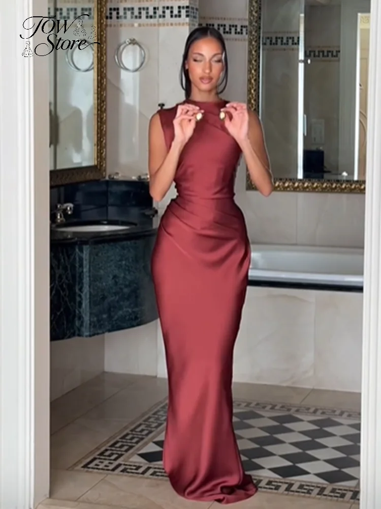 Robe élégante pour femme en satin uni à col bénitier, sans manches, taille froncée, coupe sirène moulante, Vestido 2026, Robes de soirée d'été