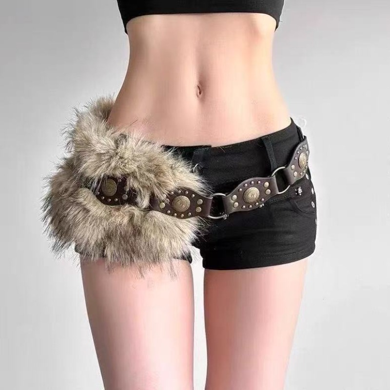 Ceinture en fausse fourrure bohème couleur unie, style Y2K vintage, accessoire sexy à porter avec des manteaux et des jeans