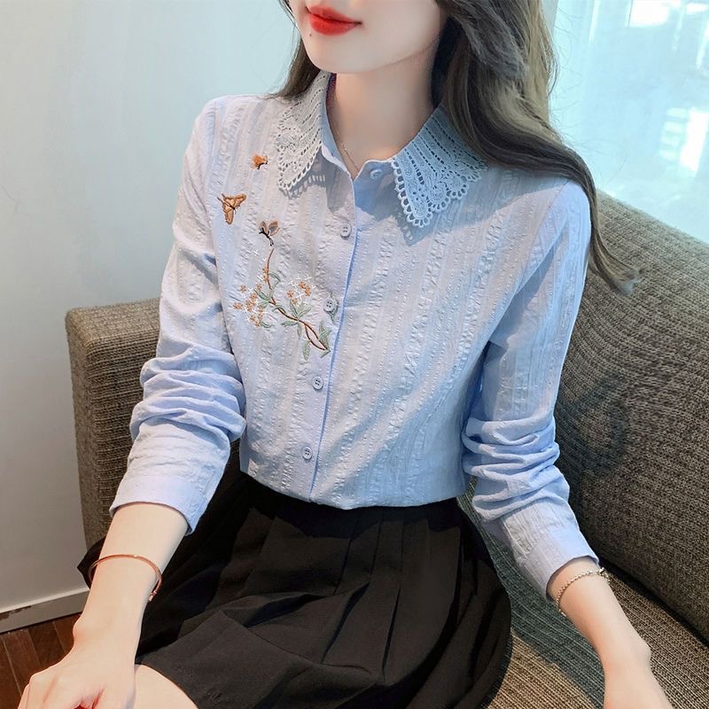 Broderie femmes printemps automne Blouses chemises dame décontracté à manches longues col rabattu couleur unie haut Blouse DF4775