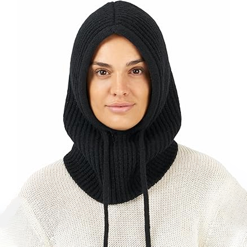 Bonnet-écharpe tricoté à capuche, cagoule tricotée, style coréen d'extérieur, écharpe à capuche chaude avec cordon de serrage réglable