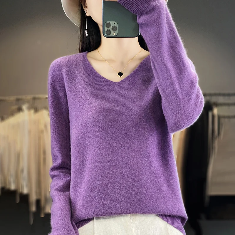 Pull en cachemire à col en V pour femme, 100% laine mérinos, pull basique, manches longues, tricots doux, document Y-Solid, vêtements d'automne et d'hiver