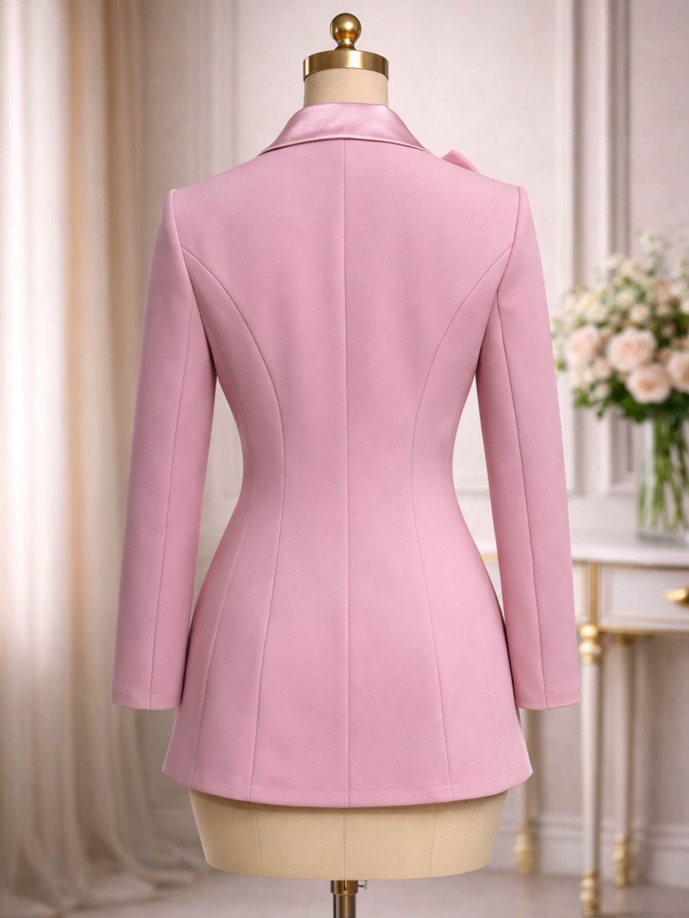 Blazer rose élégant pour femme en satin, col cranté, nœud, manches longues, bouton unique, idéal pour mariage, invité, remise de diplôme, soirée
