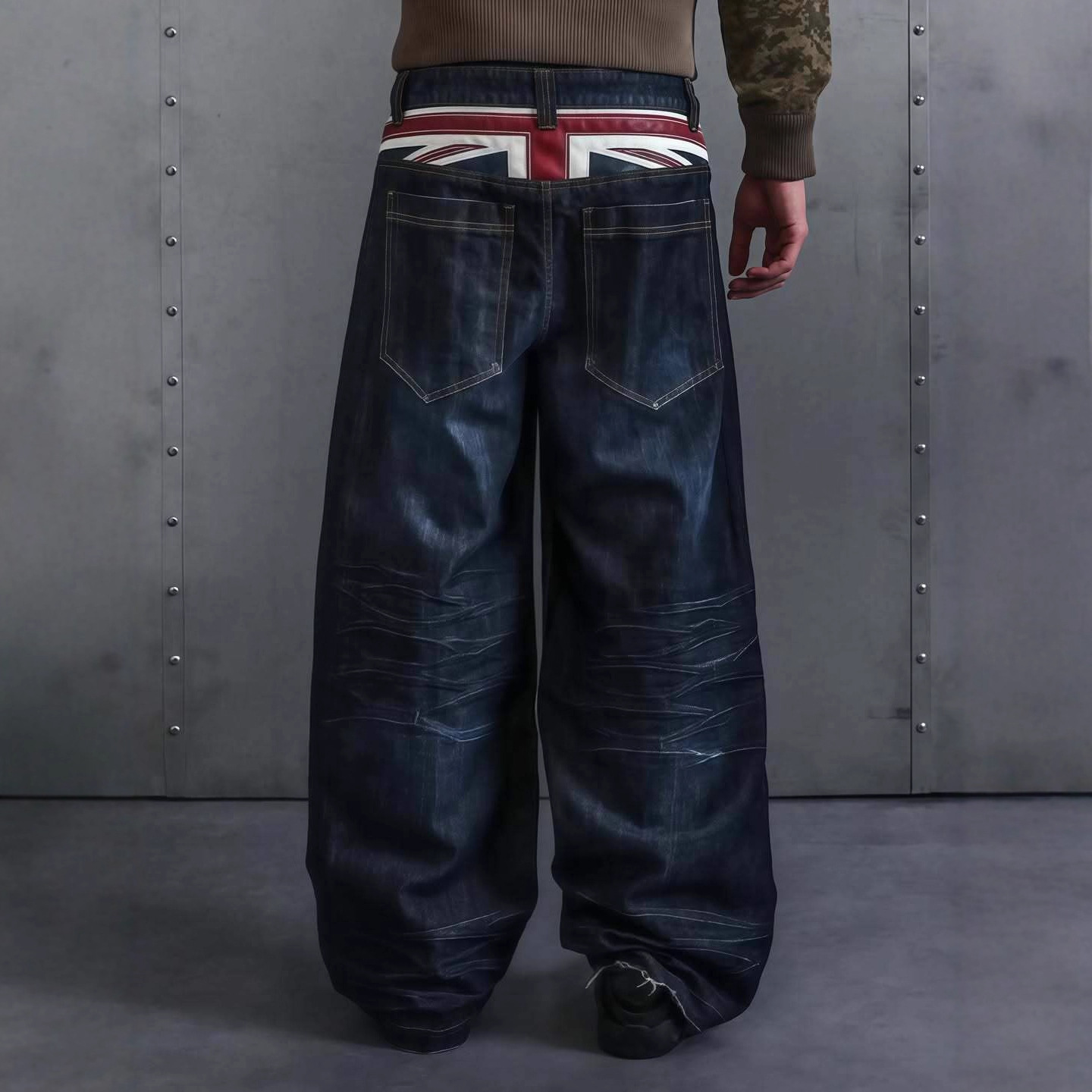 Jean baggy délavé taille haute pour hommes et femmes, motif Union Jack vintage, coupe large, style streetwear décontracté 2026