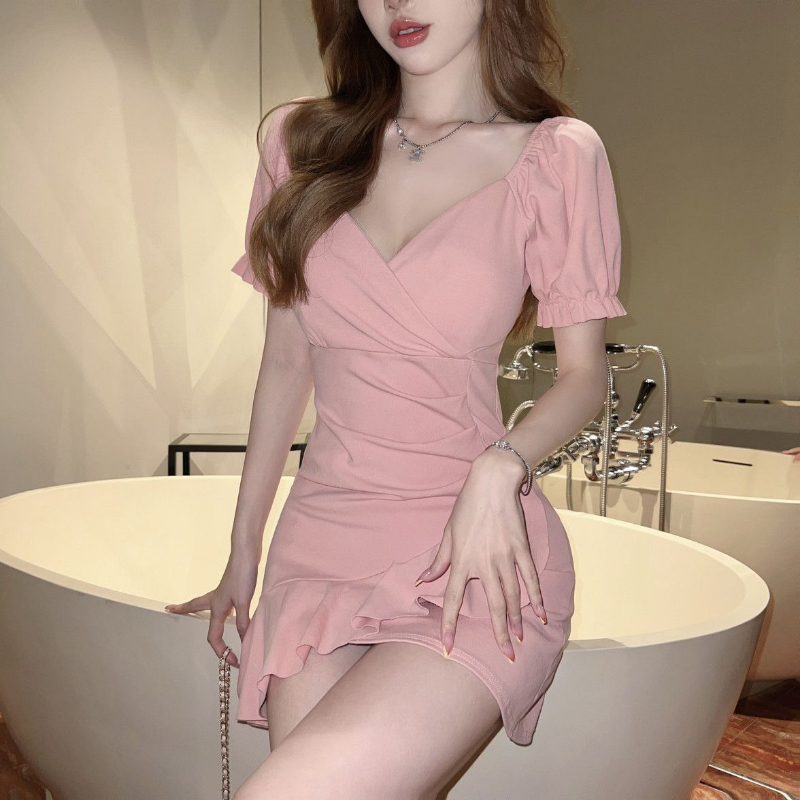 Robe à manches bouffantes pour femmes en 2025, Sexy, col en v, coupe basse, à volants, plissée, pour couvrir le ventre et rendre l'apparence amincissante
