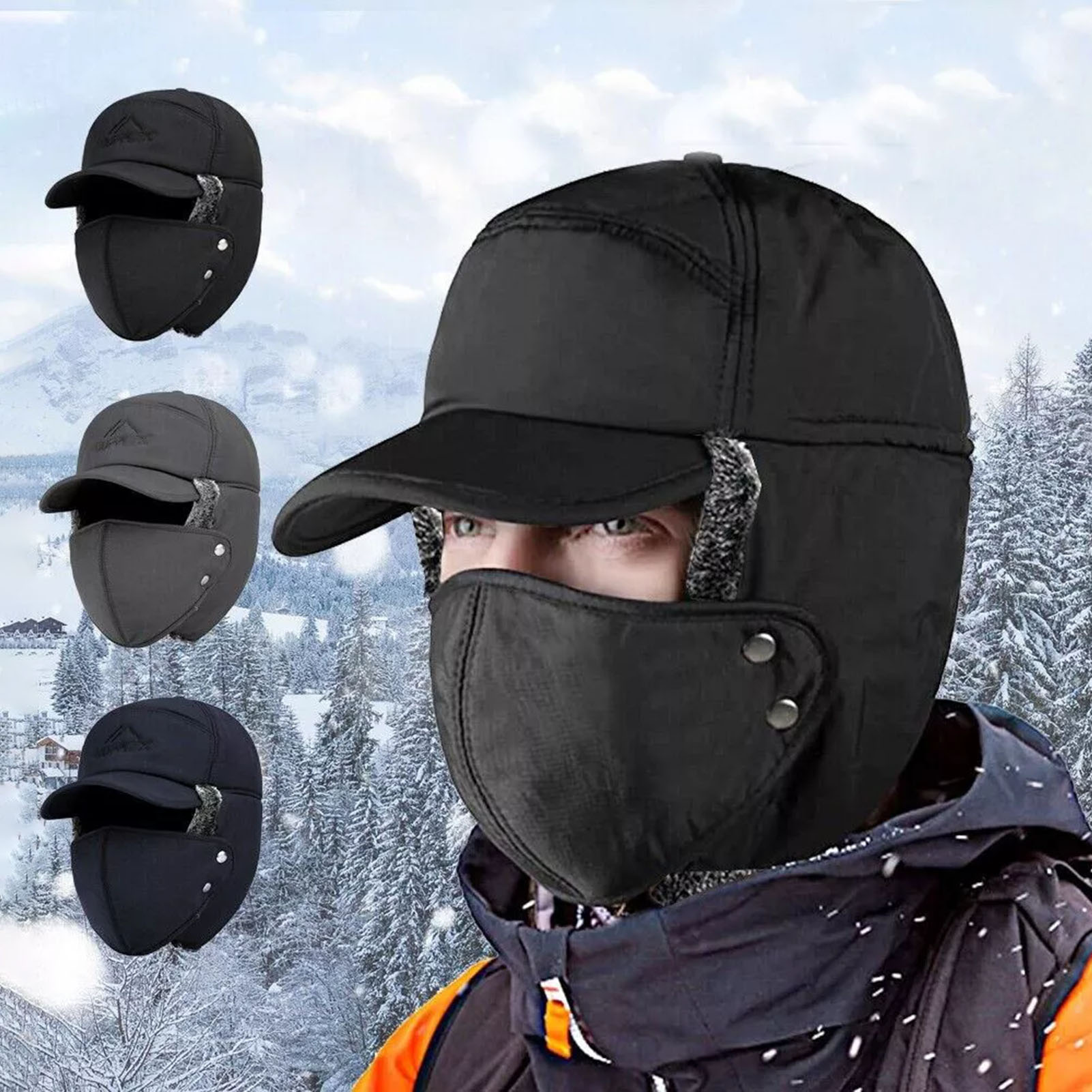 Chapeau de fourrure d'hiver pour hommes avec oreillettes et masque facial coupe-vent chaud doublé polaire Ski neige moto casquette d'équitation noir gris bleu marine