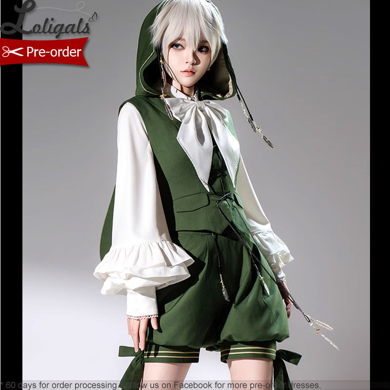 Ouji Lolita tenue rétro vigne vert longue oreille de lapin gilet à capuche/shorts bloomer Cosplay/ Cape à pompon par princesse chroniques