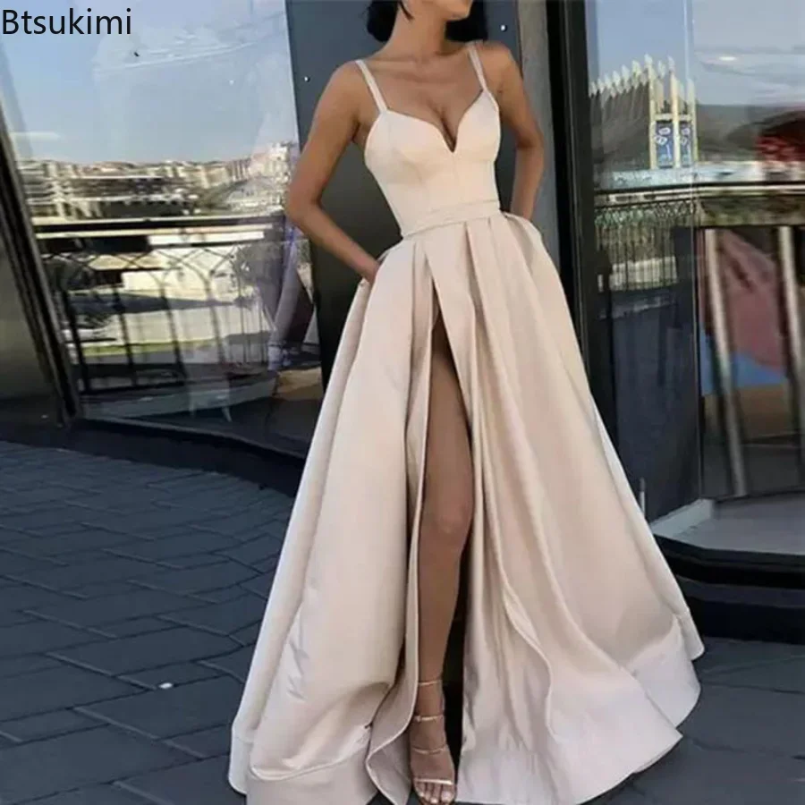 Robe longue de soirée élégante pour femme 2026, fendue sur le côté, en satin, sans manches, à bretelles, coupe trapèze, sexy, pour mariage et banquet