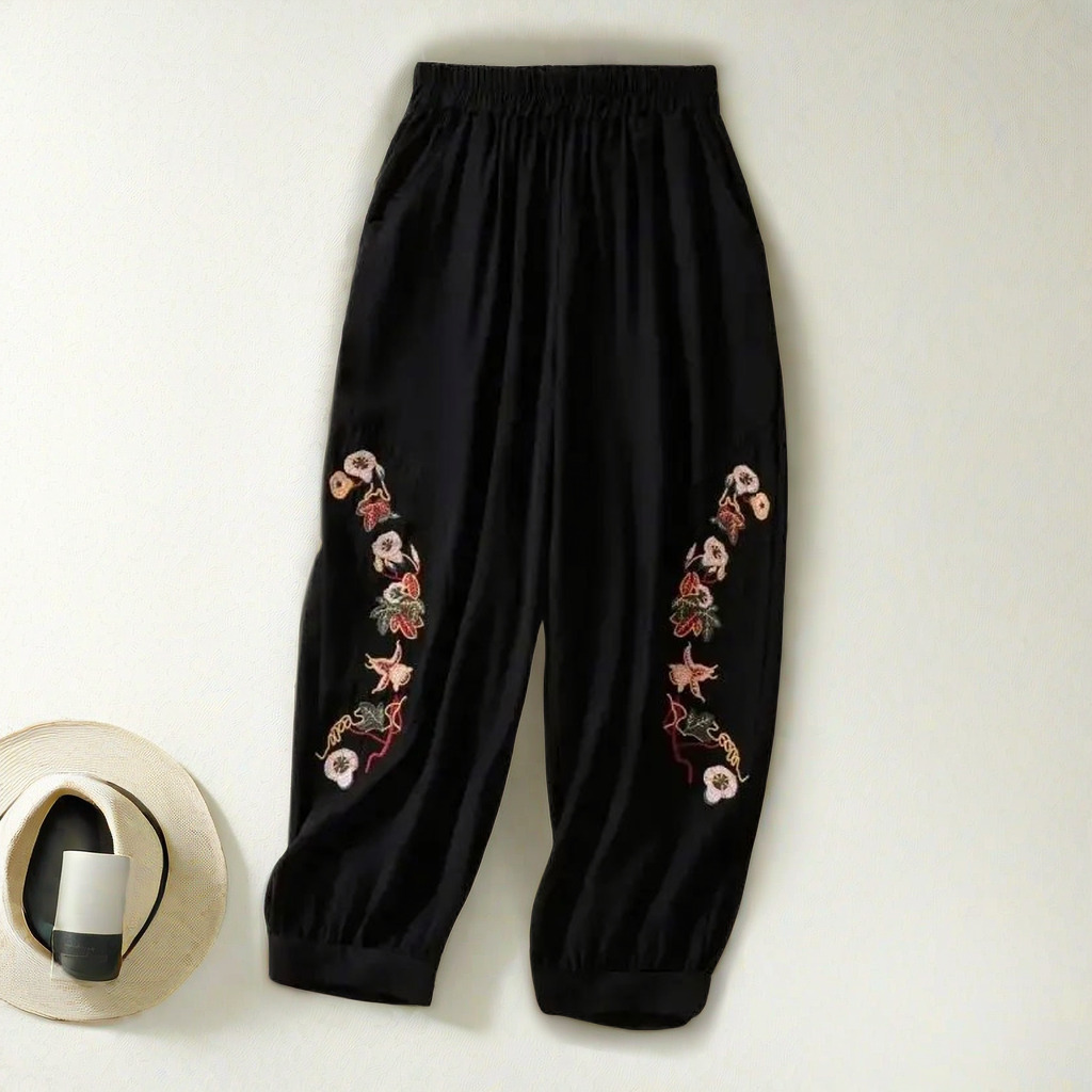 Bloomers décontractés brodés café pour femmes, pantalons élastiques monochromes, pantalons taille haute, vêtements à la mode