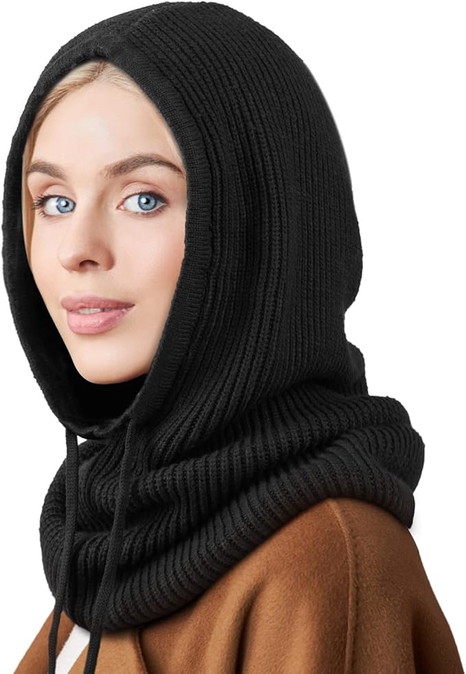 Bonnet-écharpe tricoté à capuche, cagoule tricotée, style coréen d'extérieur, écharpe à capuche chaude avec cordon de serrage réglable