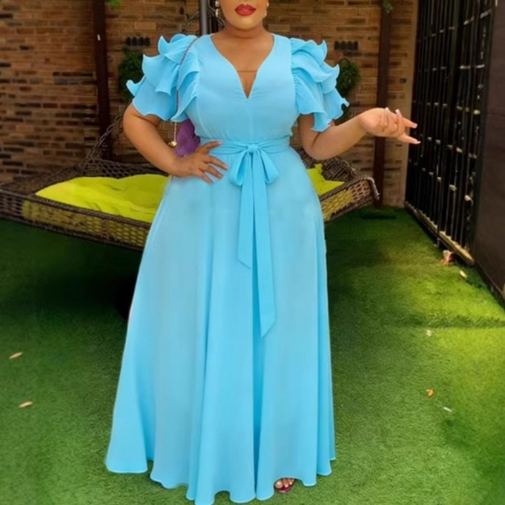 Robe de cérémonie élégante pour femme, col en V, manches papillon, volants, dentelle, en mousseline, pour occasions formelles, église, festival, fête