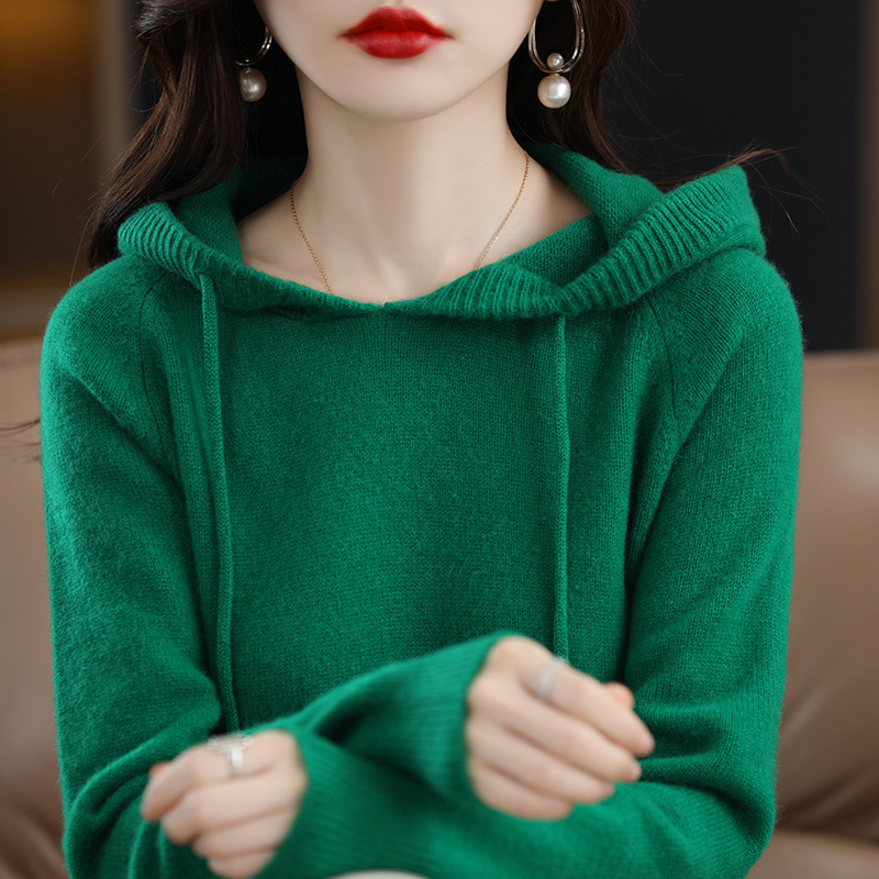 Pull à capuche mode femmes automne hiver à manches longues couleur unie sweat à capuche tricoté dame lâche cordon pull décontracté à capuche