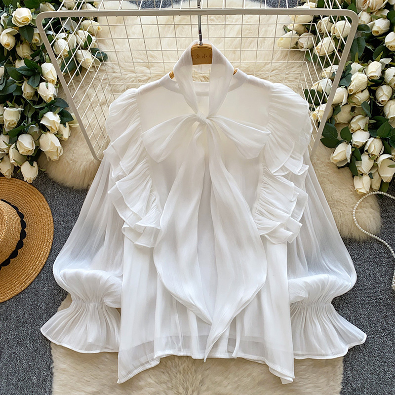 Chemisier Femme Printemps Automne Tendance Rétro Français Décontracté Haut de Gamme à Pois avec Manches Bouffantes et Nœud S263
