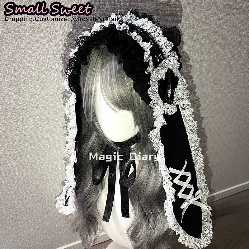 Serre-tête à lacets pour femme, style Y2K subculture, motif lapin aux longues oreilles, avec pince à cheveux gothique Lolita et volants en dentelle