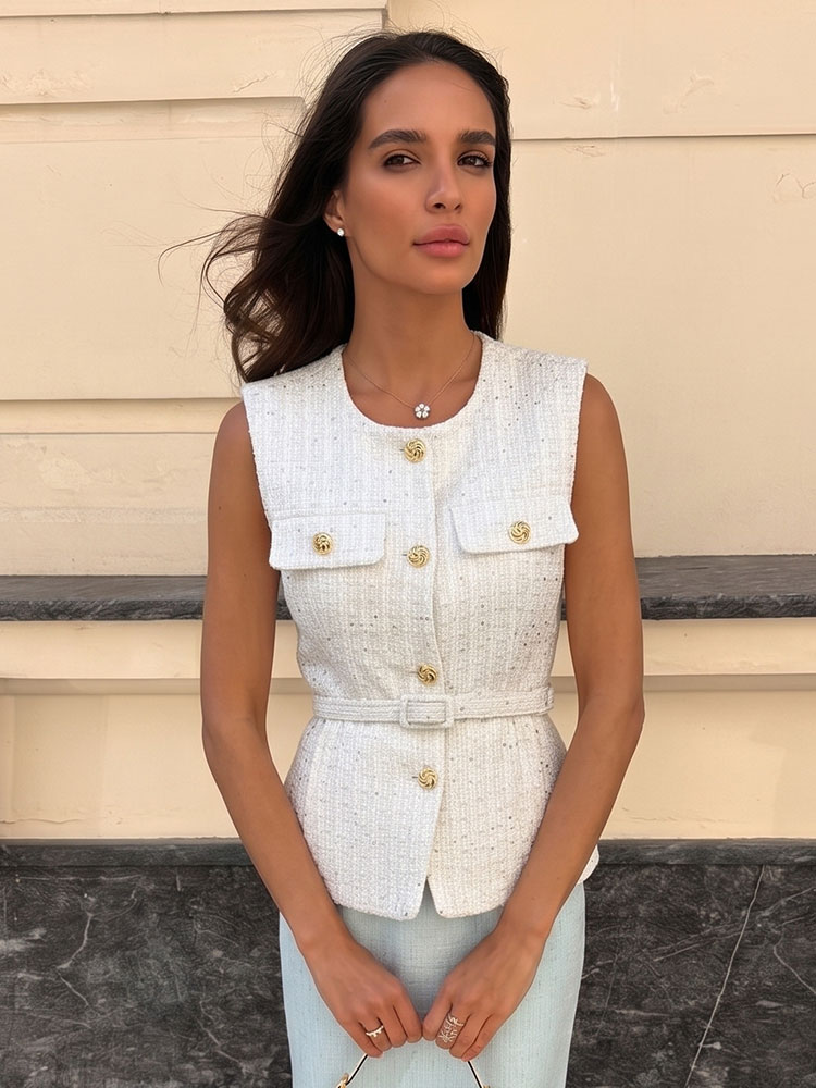 Gilet en tweed rétro élégant pour femme HH, ajusté à la taille, boutonné, sans manches, style classique, décontracté, vintage, pour tenues de fête
