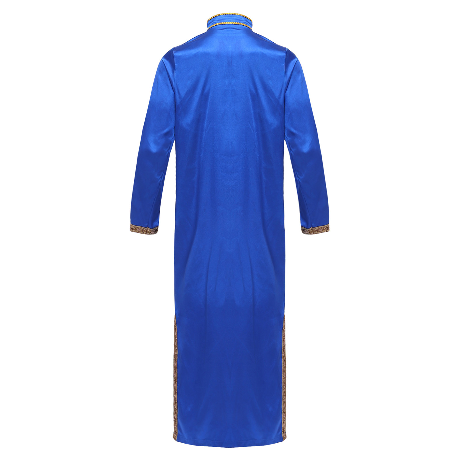 Robe musulmane islamique pour homme, en satin brillant avec bordure dorée, brocart, col montant, manches longues, fermeture éclair sur le devant, Kaftan Thobe, Abaya du Moyen-Orient, Arabie Saoudite
