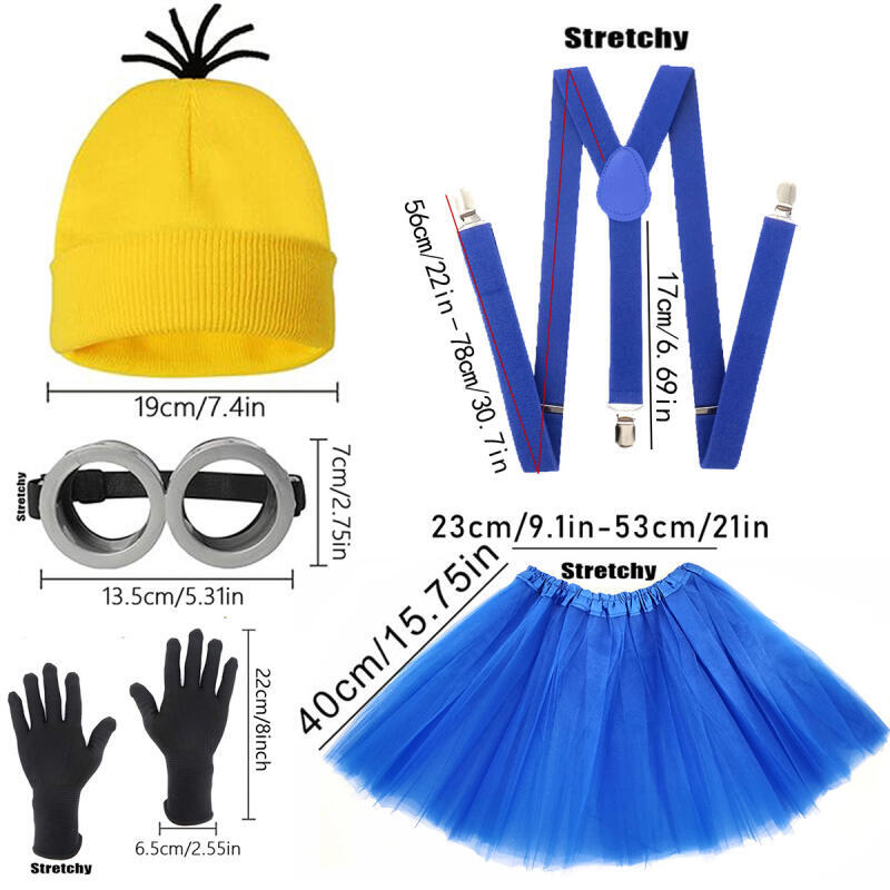 Ensemble de costumes de cosplay pour femmes, mignon, jaune et bleu, 5 pièces avec chapeau en tricot, jupe tutu, bretelles, gants pour Halloween, fête de carnaval