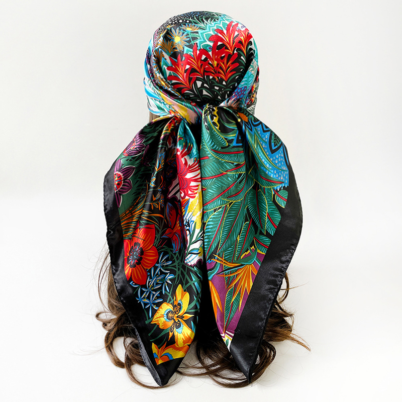 Foulard carré 90x90cm pour femme, toucher soie, bandana de bureau, cache-cou, moufle, pour serveurs et hôtesses de l'air, avec anneaux de fixation