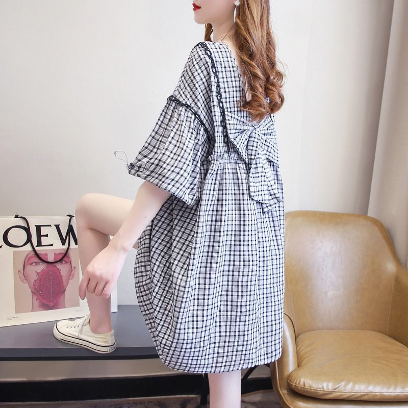 Robe mi-longue à carreaux pour femmes, vêtements décontractés, ligne A, nœud, plis, épissé, mince, col rond, basique, manches courtes, été