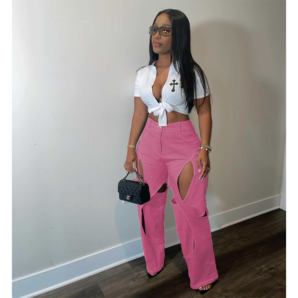 Pantalon Femme Ample Long Vintage Coupe Slim Taille Haute Droit Évidé Y2K Streetwear Sexy Élégant Travail 2026