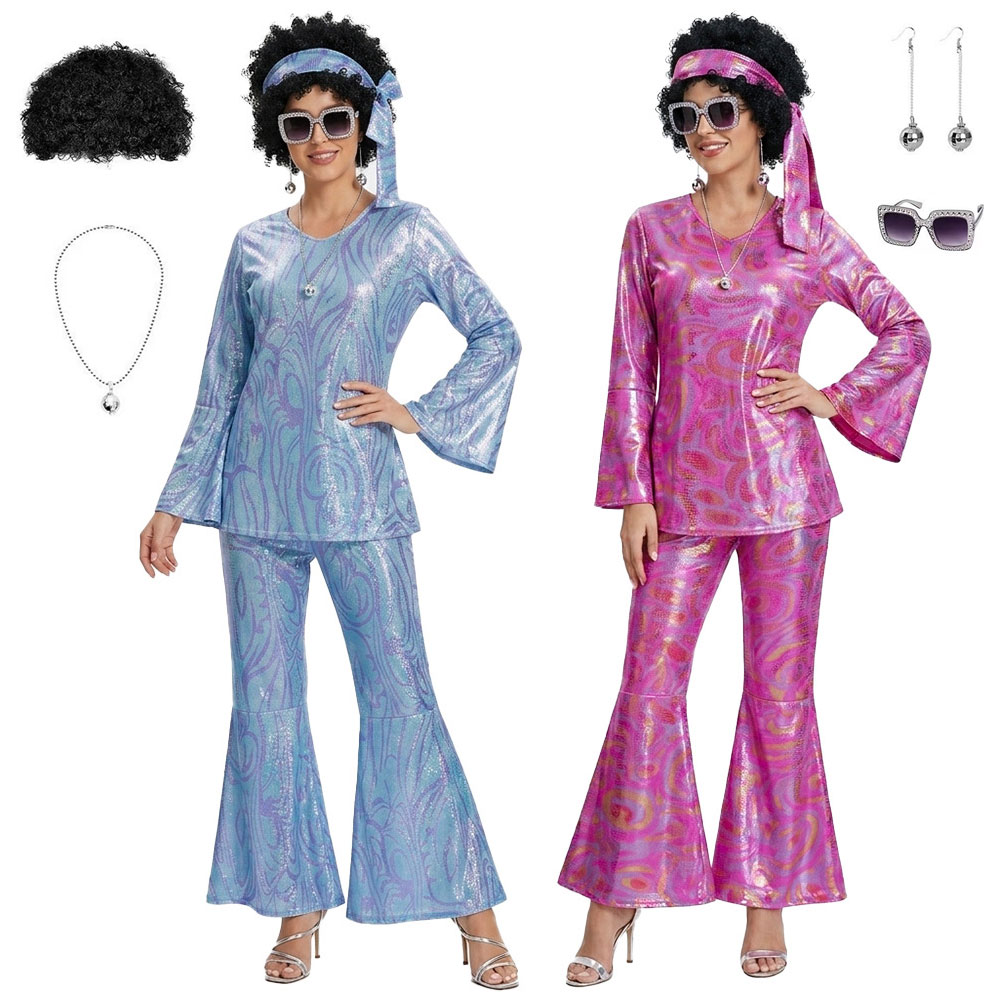 Ensemble de tenue de fête disco pour femmes, costume d'Halloween, haut et pantalon avec lunettes de soleil, collier, boucles d'oreilles, perruque
