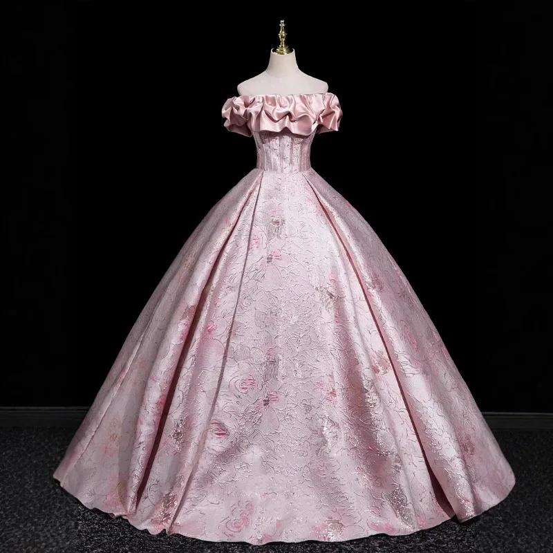 Robe de bal Lolita rose élégante, épaules dénudées, col à volants, robe florale en Jacquard, robe de soirée formelle de bal de thé, robe victorienne