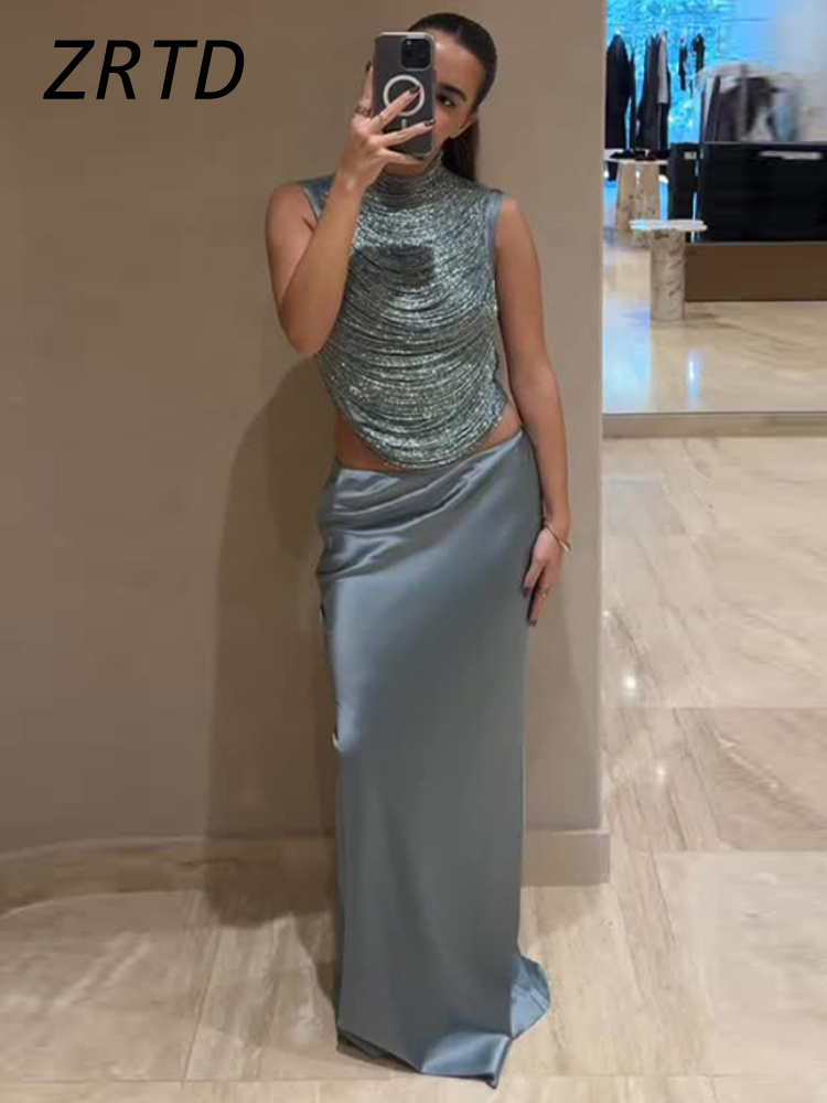 Hauts élégants à franges, jupes longues en satin, gilets sans manches à col montant pour femmes, jupes longues droites, ensembles de soirée pour femme Printemps 2026