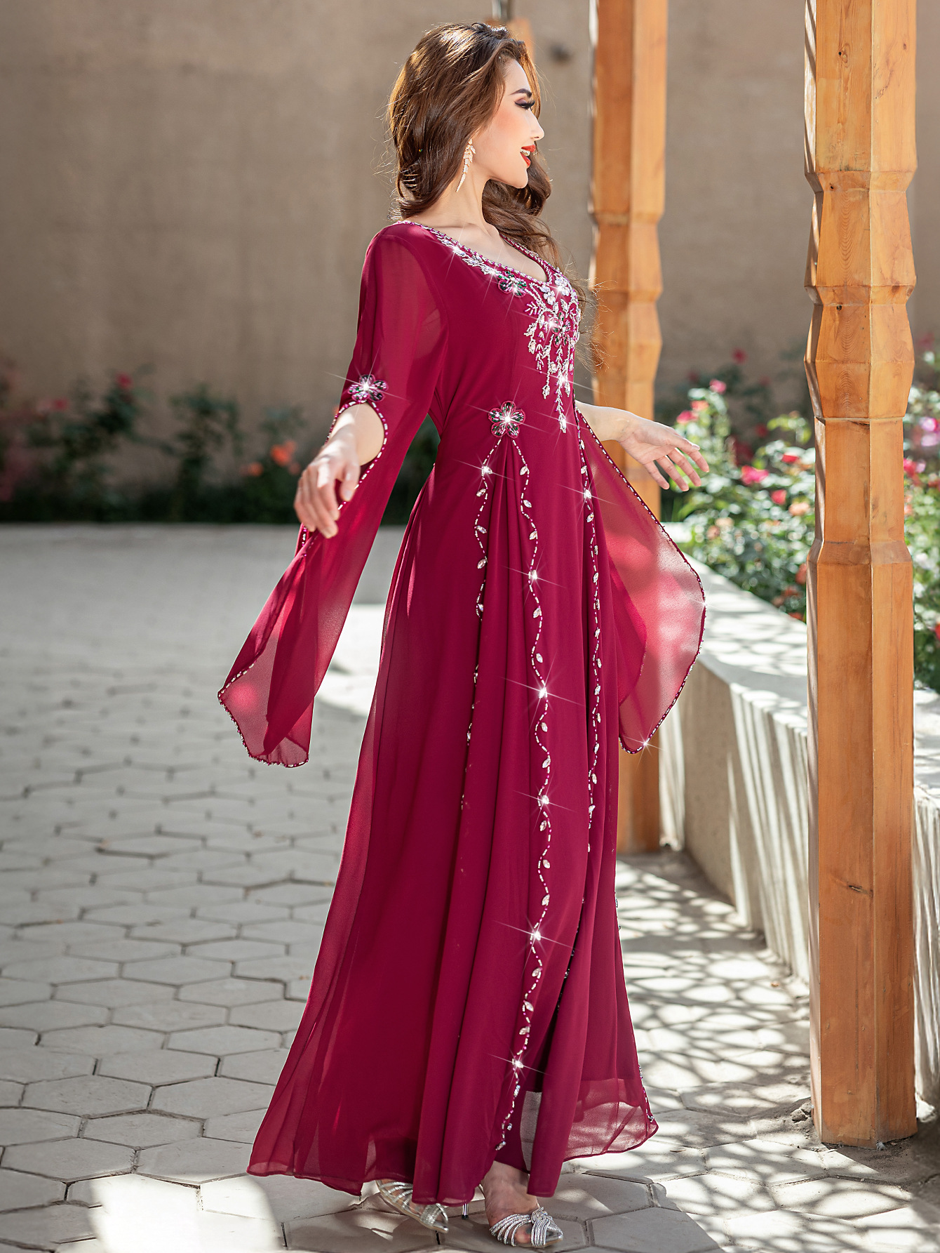 Robe Eid pour femmes diamant col en V en mousseline de soie Abaya robes longues de fête Robe musulmane Jalabiya Ramadan maroc 2025 robes Largos