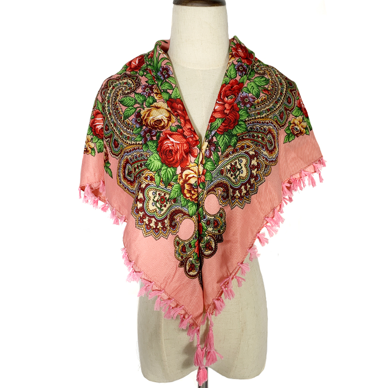 Foulard carré de Style russe, châle de luxe, imprimé Floral, à franges, bandeau pour Femme, Hijab, Babushka, Bandana