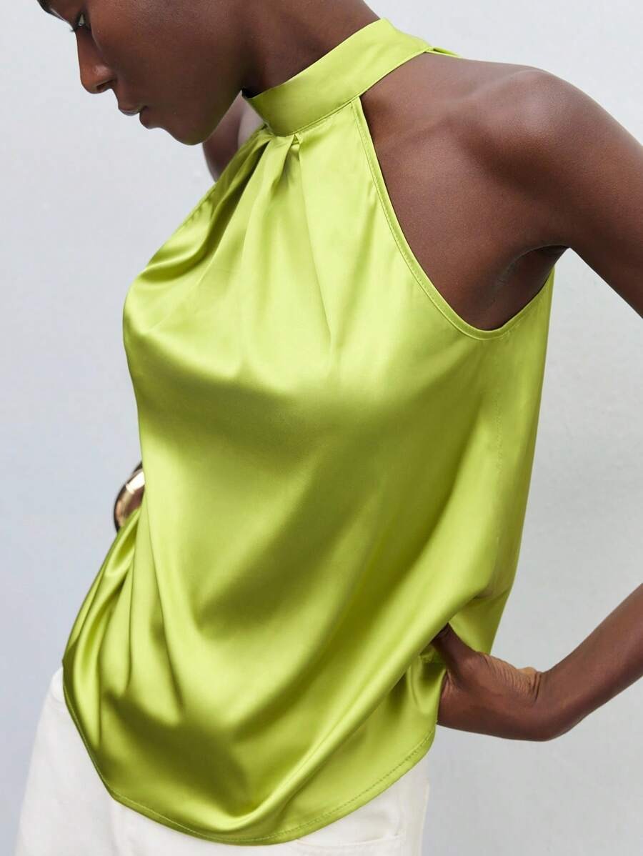 Femmes haut court mode Satin licou Camisole été élégant débardeur gilet femme Streetwear avant Sexy dos nu fête Clubwear