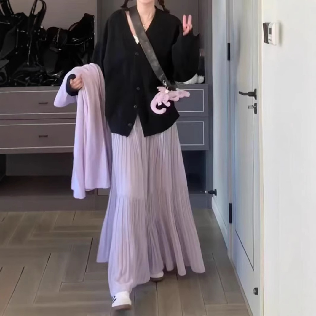 Jupe longue plissée taille haute tendance printemps-été pour femme, jupe trapèze décontractée et élégante unie, jupe mi-longue féerique pour fille